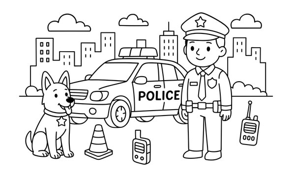 Fototapeta Black and white police officer and dog in city scene with patrol car and walkie talkies