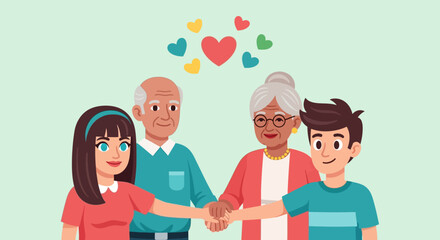 Fototapeta premium Happy family cartoon illustration with smiling children and loving parents giving thumbs up