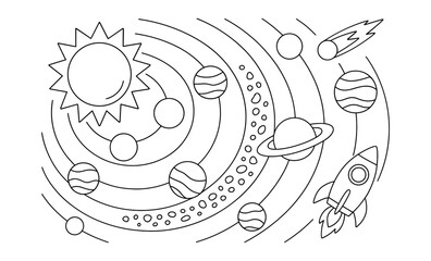 Planetary orbit with sun, planets, and rocket in linear style