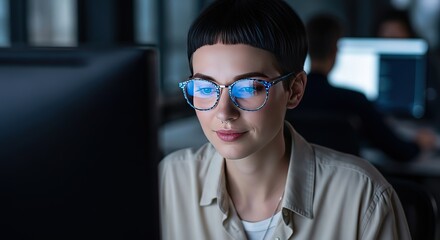 Focused young woman wearing glasses diligently working on a computer in a dimly lit office environment late at night