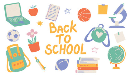 Back to School illustration. Set school supplies. School colorful element, stationery in doodle shabby style. Vector flat illustration.