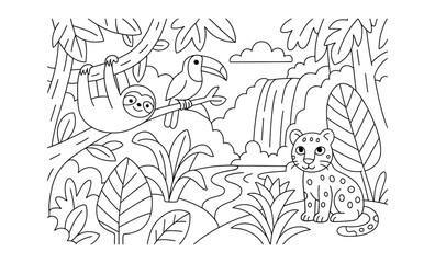 Fototapeta premium Jungle scene coloring page: sloth, toucan, and jaguar in tropical habitat