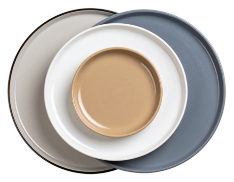 Stack of decorative ceramic plates in neutral tones, isolated on a transparent background - Powered by Adobe