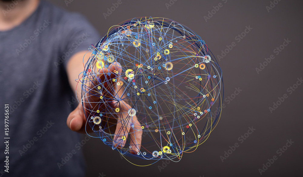 Poster abstract image of a hand interacting with a digital network sphere, representing connection and glob