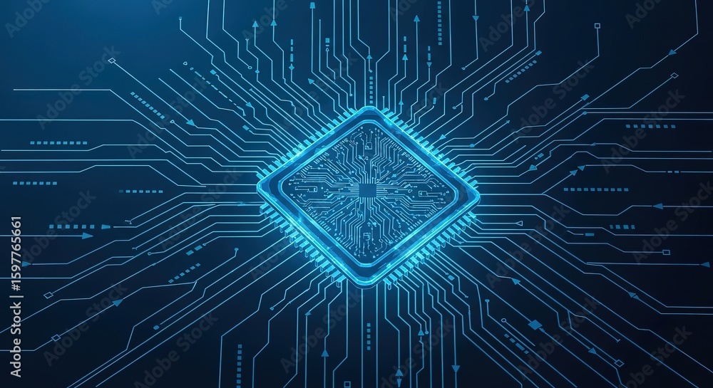 Poster abstract glowing blue diamond shaped processor at the center of intricate digital circuit board path