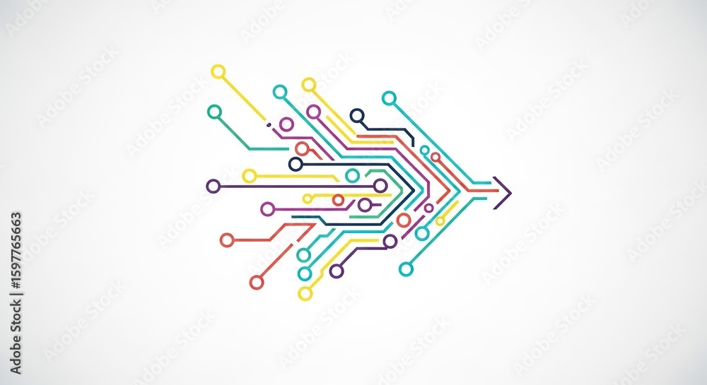 Poster abstract colorful circuit board lines forming an arrow shape pointing towards the right