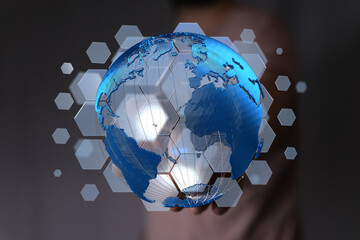 3D earth graphic with hexagonal network. Global business, technology, connection concept.
