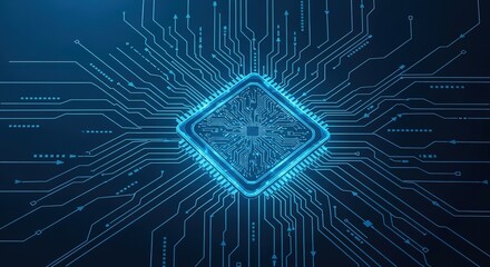 Abstract glowing blue diamond shaped processor at the center of intricate digital circuit board pathways