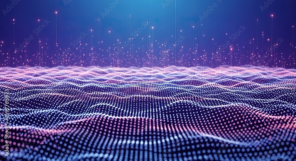Poster abstract digital landscape of glowing particles forming a wavy surface with a nebula background