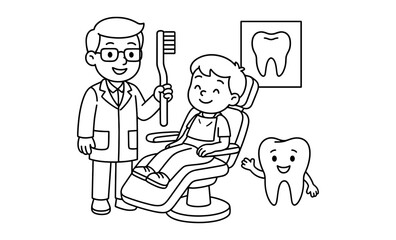 Dental visit coloring page with child dentist and tooth character in cartoon style