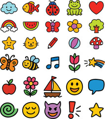 Colorful Kids Doodle Cute Collection of Animals, Emotions, and Nature.