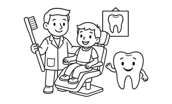 Friendly dental checkup coloring page for kids with dentist and happy tooth