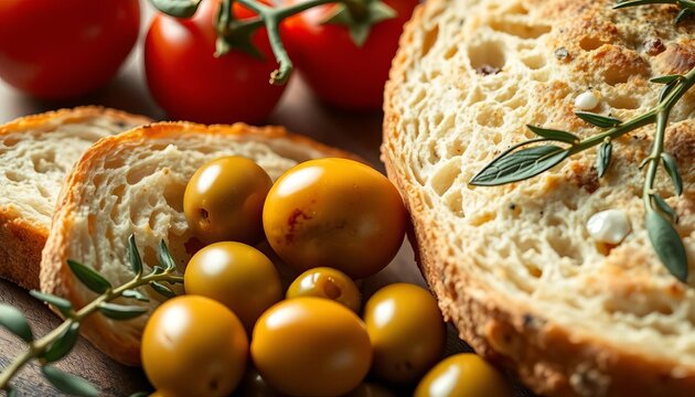 Rustic Italian bread, olives, and ripe tomatoes close-up,  simple food,  still life