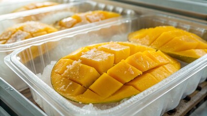 Frozen Mango Slices in Clear Plastic Tray on Supermarket Shelf with Ice Crystal Detail