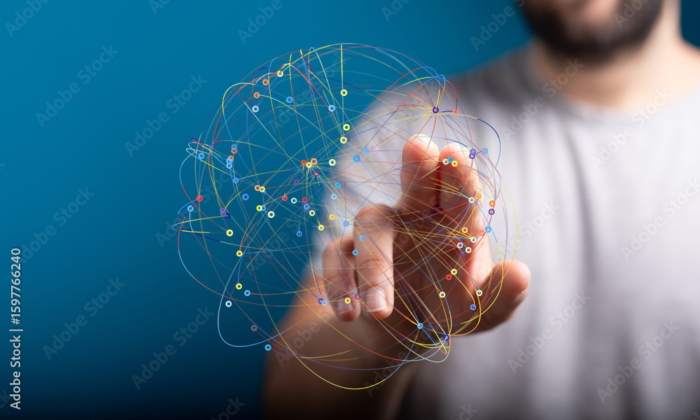 Poster hand interacting with a digital network, showcasing global connectivity and data flow.