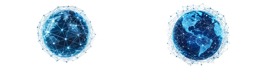 A blue globe with a network of lines connecting it. The globe is surrounded isolated on a transparent background