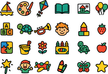 Colorful Kids Doodle Toy Vector Set Featuring Playful Children's Items.