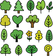 Colorful Kids Nature Doodle Collection of Trees, Leaves, and Flowers.