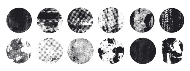 Circle with rough grunge texture. Black round shape. Frame for design. Texture overlay. Dirty round background. Stamp, sticker vector.