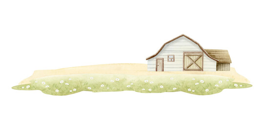 Farm barn on blooming meadow grass and sand ground watercolor illustration isolated on white. Hand drawn rural farmhouse clip art for horizontal summer village designs in sunny colors