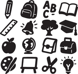 Silhouette Collection of Kids School Elements Including Supplies and Icons.