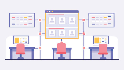 Illustration showing a network of interconnected workstations and a central interface display
