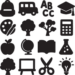 Kids School Elements Silhouette Collection Including Supplies and Symbols.