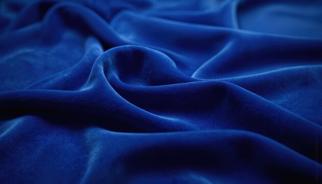 Luxurious deep royal blue velvet fabric texture with smooth, elegant drape. Rich, soft matte material creates sophisticated ambience. Perfect for upscale interior decor, fashion, and design projects.