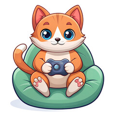 Fototapeta premium A cute orange cartoon cat is sitting on a green couch and playing a video game with a controller, isolated on transparent background