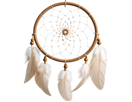 Hanging indoor dreamcatcher with feathers and beads, isolated on a transparent background