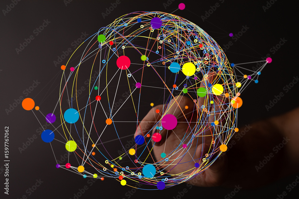 Poster abstract image of a colorful network sphere, representing global connections and data flow.