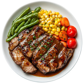 pork stake serve on hot pan with gravy suace with green bean carrot and corn from top view isolated on a white background
