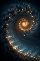 A digital abstract composition showing a radiant Fibonacci spiral glowing in space, surrounded by ethereal light trails and cosmic textures. 