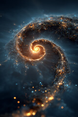 A digital abstract composition showing a radiant Fibonacci spiral glowing in space, surrounded by ethereal light trails and cosmic textures. 