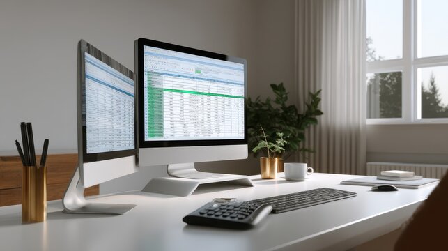 Modern accounting professional workspace with dual monitors and office decor - Powered by Adobe