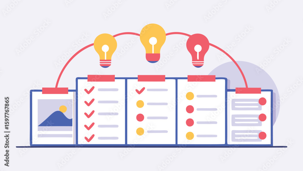 Poster illustration of clipboards with checklists and image connected by light bulbs in a workflow concept