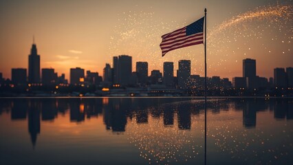 Sunset skyline with American flag and shimmering reflections over calm water in a city Generative AI