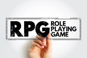 RPG - Role-Playing Game is a game in which players assume the roles of characters in a fictional setting, acronym text concept stamp