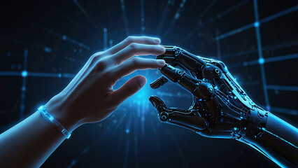 Robotic hand interacting with glowing digital data network