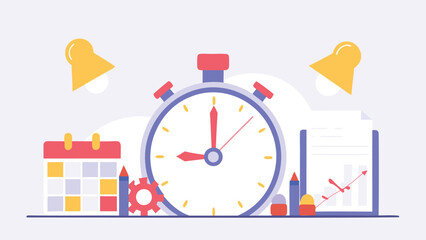 Fototapeta premium Illustration of a clock with calendar, chart and gear, representing time management and planning
