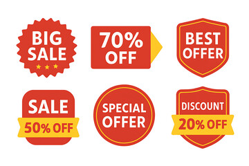 Eye-catching promotional sale badges featuring big sale, 70 percent off, best offer, 50 percent off, special offer, and discount labels for marketing campaigns