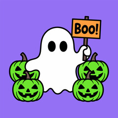 Cute Ghost Hold Boo Sign with Green Pumpkins Halloween Illustration