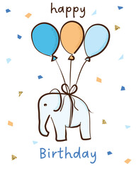 Cute Birthday Background, Elephant with Balloons, Hand Drawn, Doodle, Simple Background with Elephant and Confetti, Happy Birthday Background, EPS 10, Vector