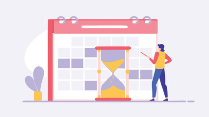 Illustration of a calendar with an hourglass and a person planning for the future events ahead