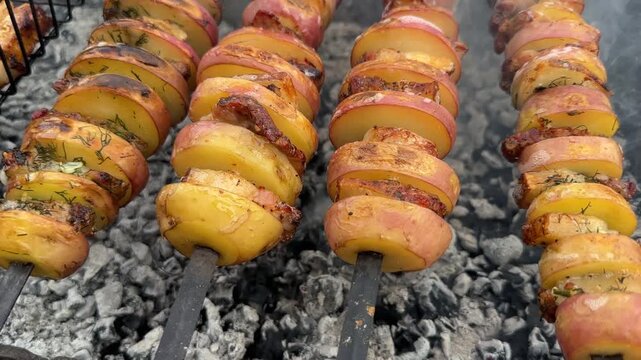 Grilled potatoes with bacon outdoor cooking