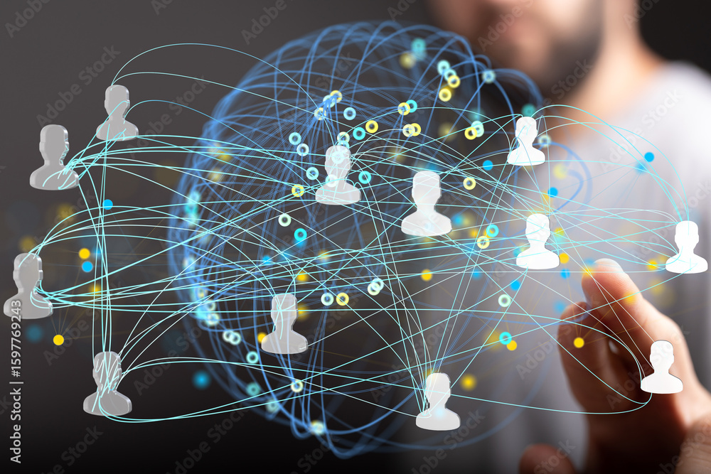 Poster visual representation of a global network, showcasing interconnected people and data flow.
