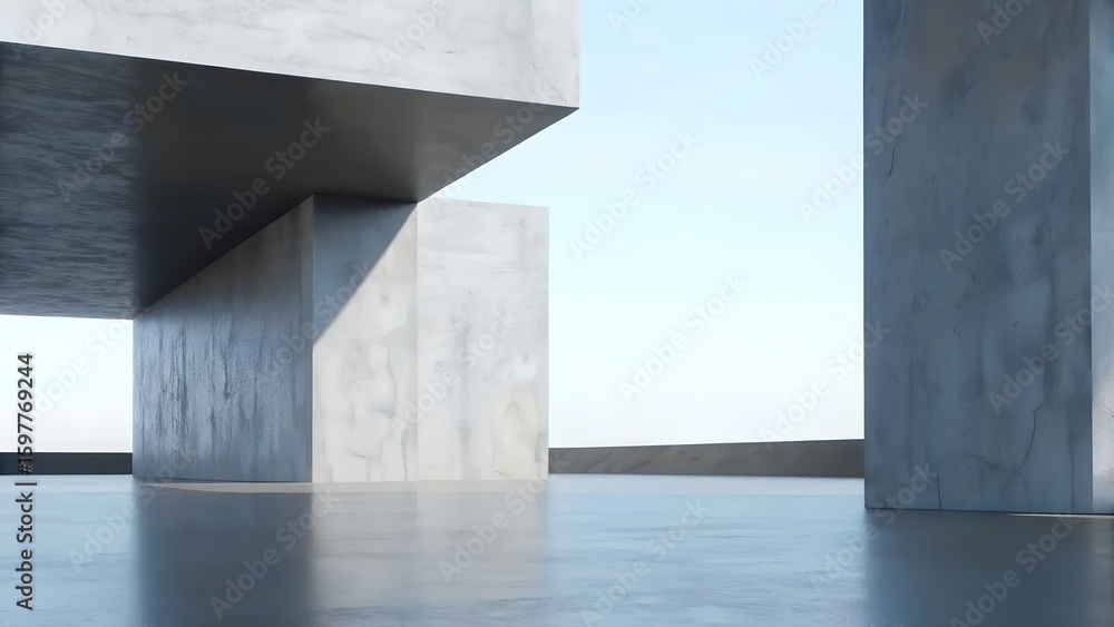 Poster 3d render of futuristic abstract white architecture with wavy walls and concrete floor – minimal car