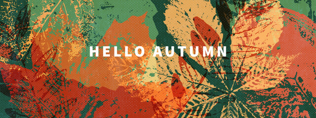 Abstract autumn art. Bright warm colors, fall leaves, trees. Frame, background for text. Grunge stamp design. Rough texture leaves. Design for card, banner, cover.