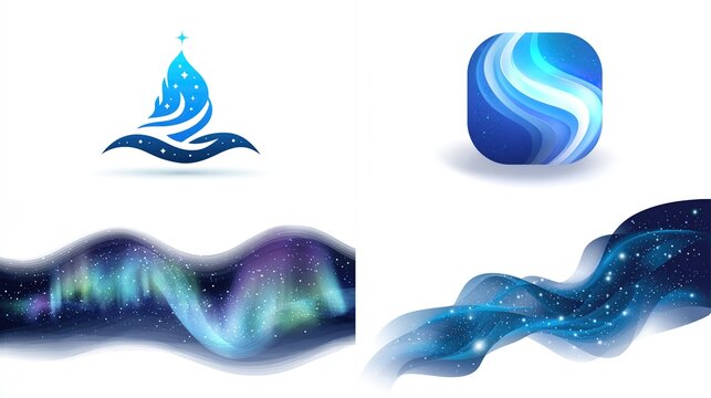 Collection of elegant, abstract, fluid, and wavy blue graphic elements