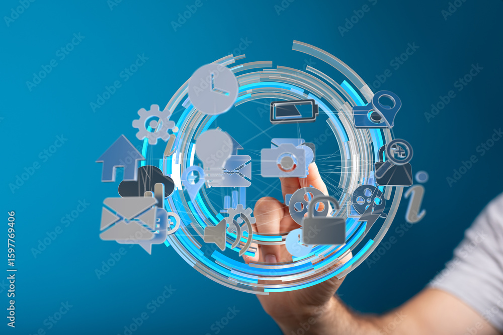 Poster hand interacting with digital interface showing various app icons. concept of global network and tec
